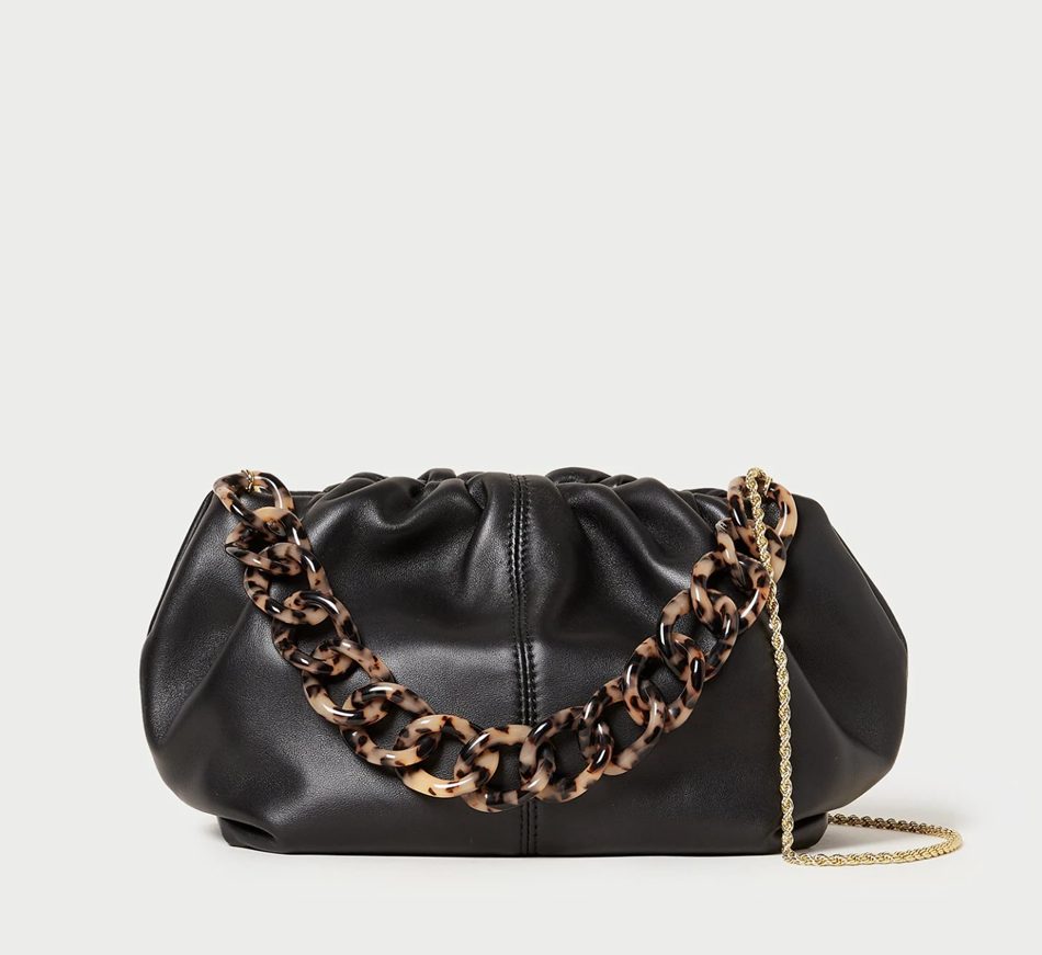 Black clutch bag with gold chain sale