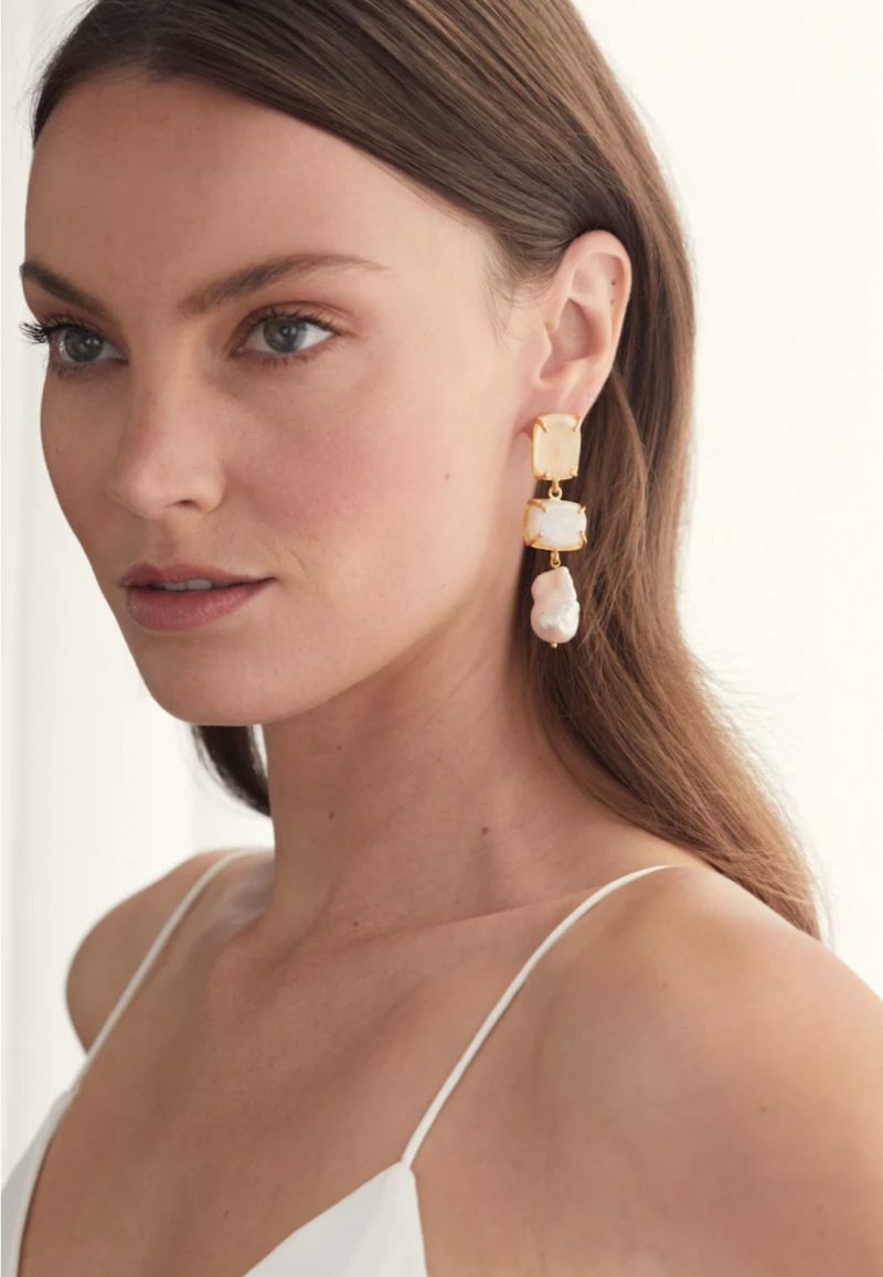 White Moonstone & Baroque Pearl Loren earrings by Christie Nicolaides