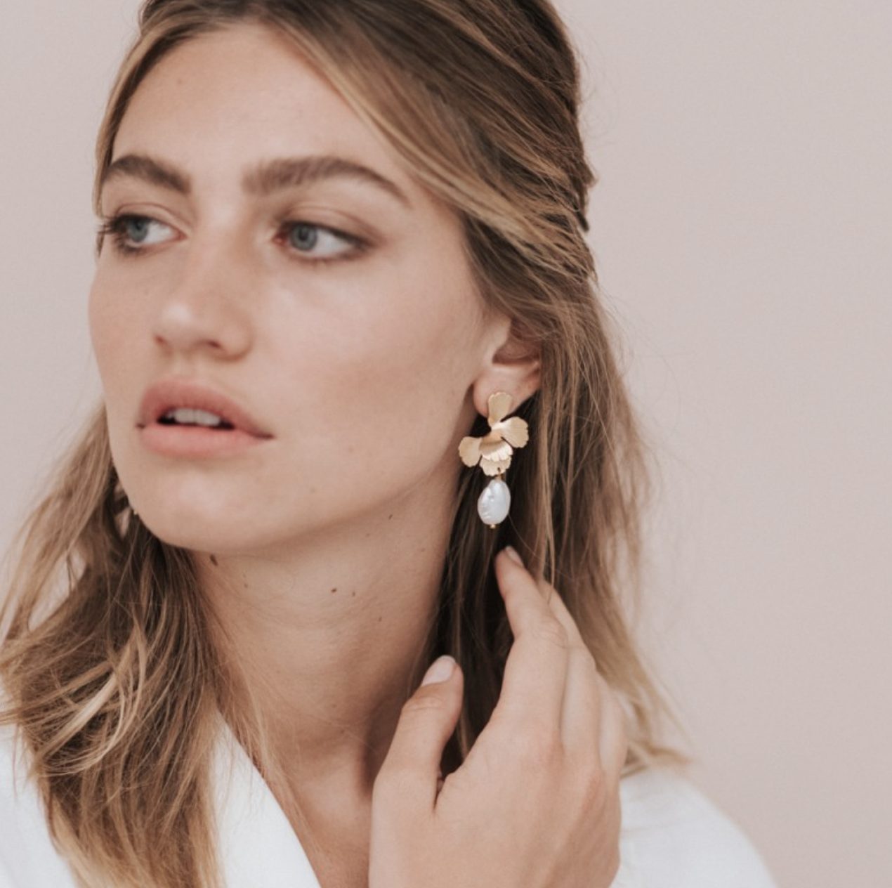 Univers, Gold & Pearl Floral Earrings by Maison Sabben